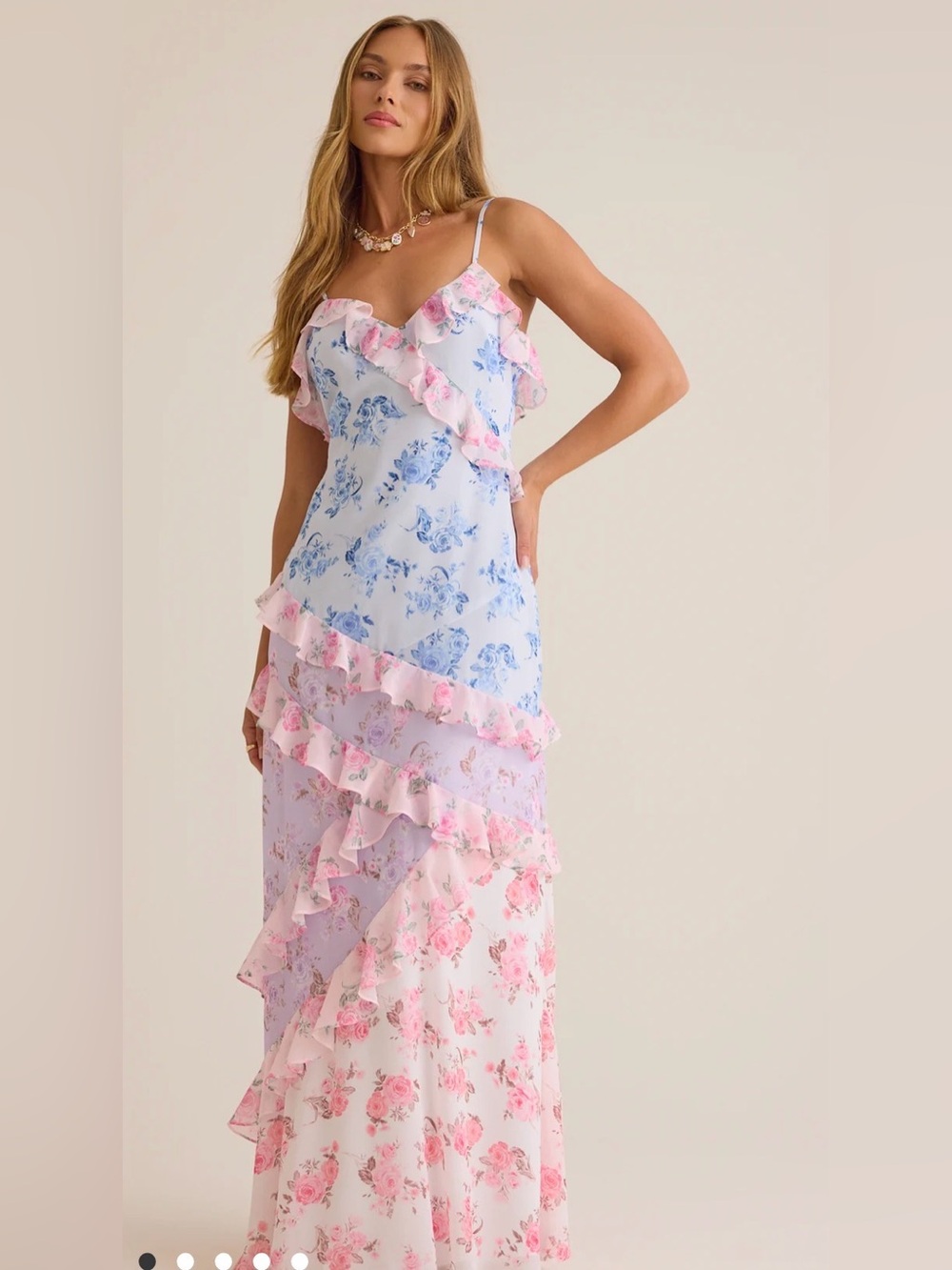 Altar'd State Pink Blue Floral Ruffle Maxi Dress